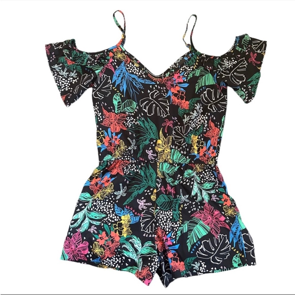Arizona Jean Co Dark Tropical Floral Cold Shoulder Romper Summer Festival Boho M